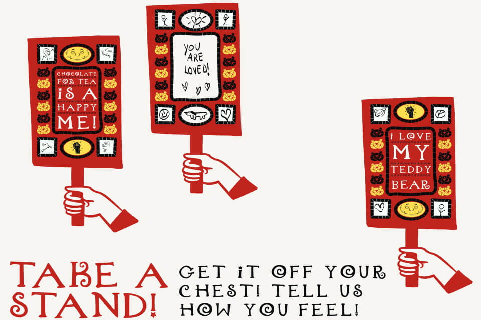 Graphic illustration in red, black, white and yellow featuring hands holding protest banners